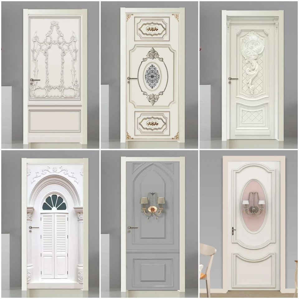 3D Luxury Golden Door Stickers - European Style Self-Adhesive Wallpaper, 77x200cm, Waterproof PVC