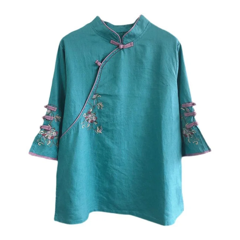 New Autumn Multicolor Seven Quarter Ladies Cotton Linen Shirt Blouse Chinese Traditional Women Formal Top Ttang Costume Hanfu