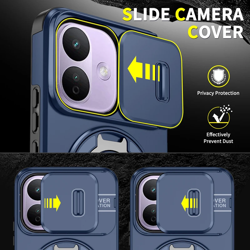 Magnetic Dropproof Phone Case with Rotatable Ring Stand and Slide Camera Cover