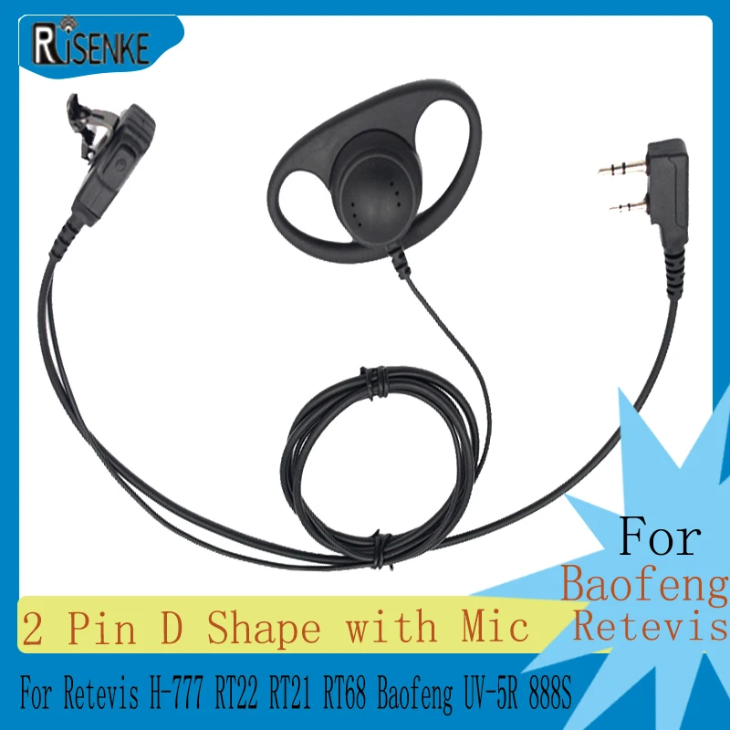 Radio Headset with Mic, 2 Pin D Shape, Walkie Talkie Earpiece, for Retevis H-777, RT22, RT21, RT68, Baofeng, UV-5R, 888S, 666S walkie talkie headset with ptt mic 2 pin in ear earpiece bf 888s uv 5ra uv 5r bf 777 h 777 rt21 3 5mm 2 5mm