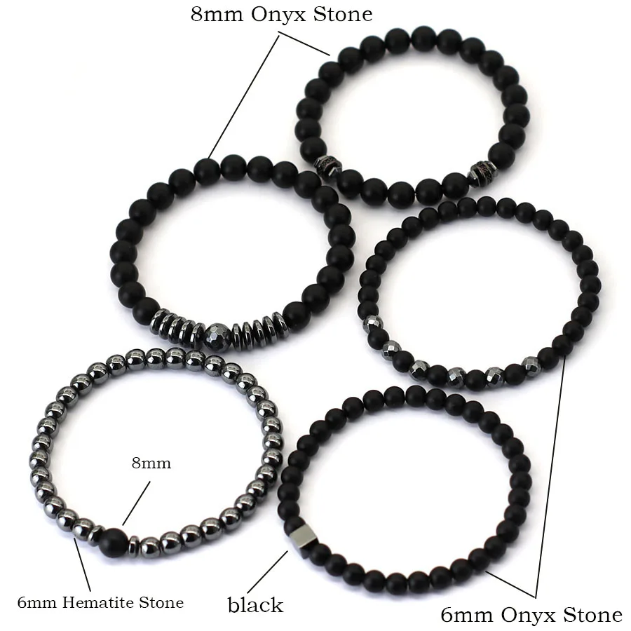 Men Black Onyx Hematite Beaded Luxury Zirconia Bracelet Set