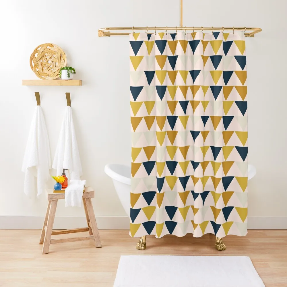 

Arrow Pattern in Mustard Yellows, Navy Blue, and Blush Tones. Minimalist Geometric Shower Curtain For The Bathroom Curtain