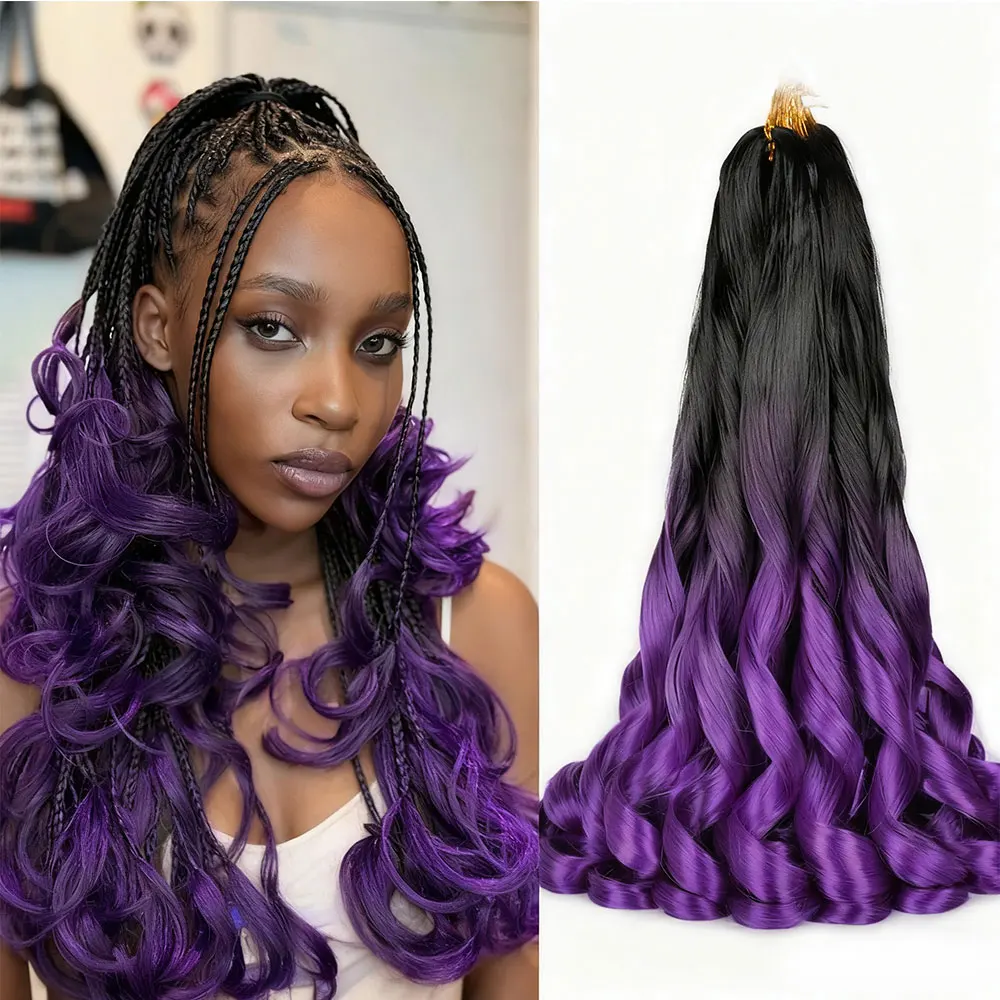 Synthetic French Curl Braiding Hair 24 inch Pre Stretched Bouncy Braiding Hair Purple Braid Crochet Hair Extensions For Women 1