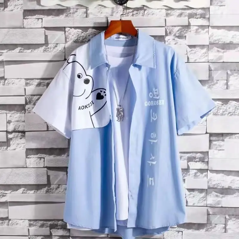 

Cartoon Bear Print Patchwork Summer Button Up Shirt Men Short Sleeve Casual Shirts Women Japanese Ruffian Handsome Men Jackets