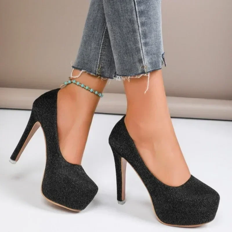 2024 Women's Shoes Fashion Platform High Heels Women's Wedding Shoes Solid Sequin Round Toe Elegant Women's High Heels Zapatos 6