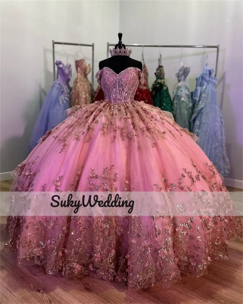 

Sparkly Pink Quinceanera Dresses Gold Sequins Lace Beading Mexican Princess Sweet 16 Prom Gowns vestidos de 15 quinceañera