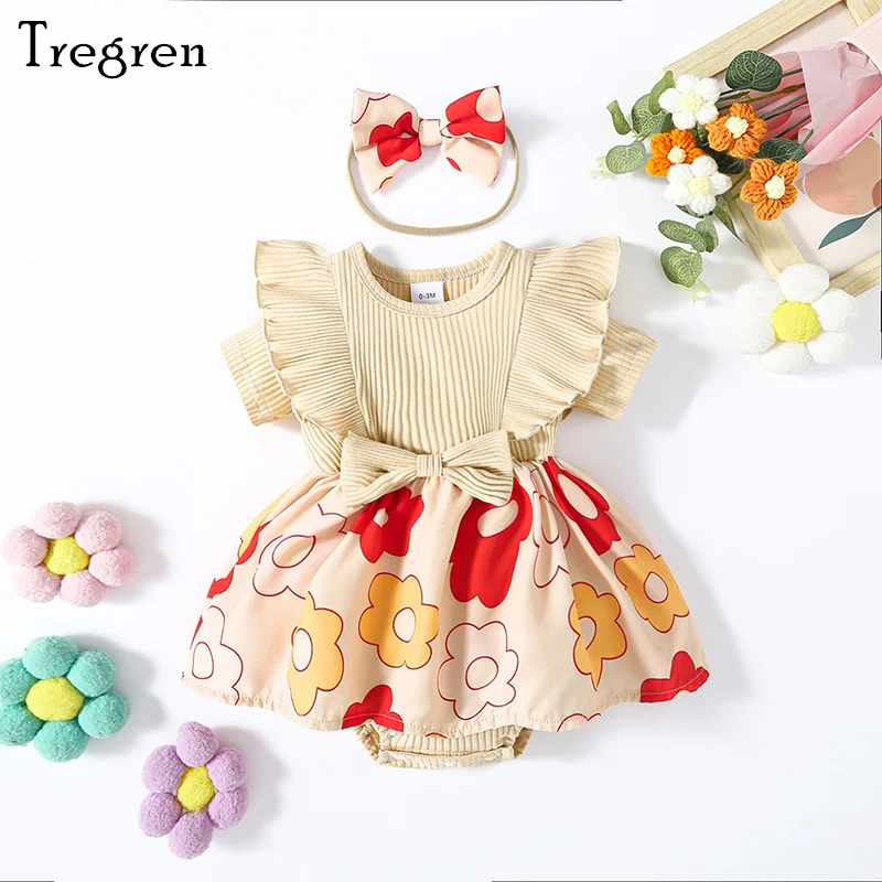 

Tregren 0-18M Newborn Baby Girl Romper Dress Floral Ribbed Short Sleeve Jumpsuit with Cute Headband Set Summer Infant Clothes