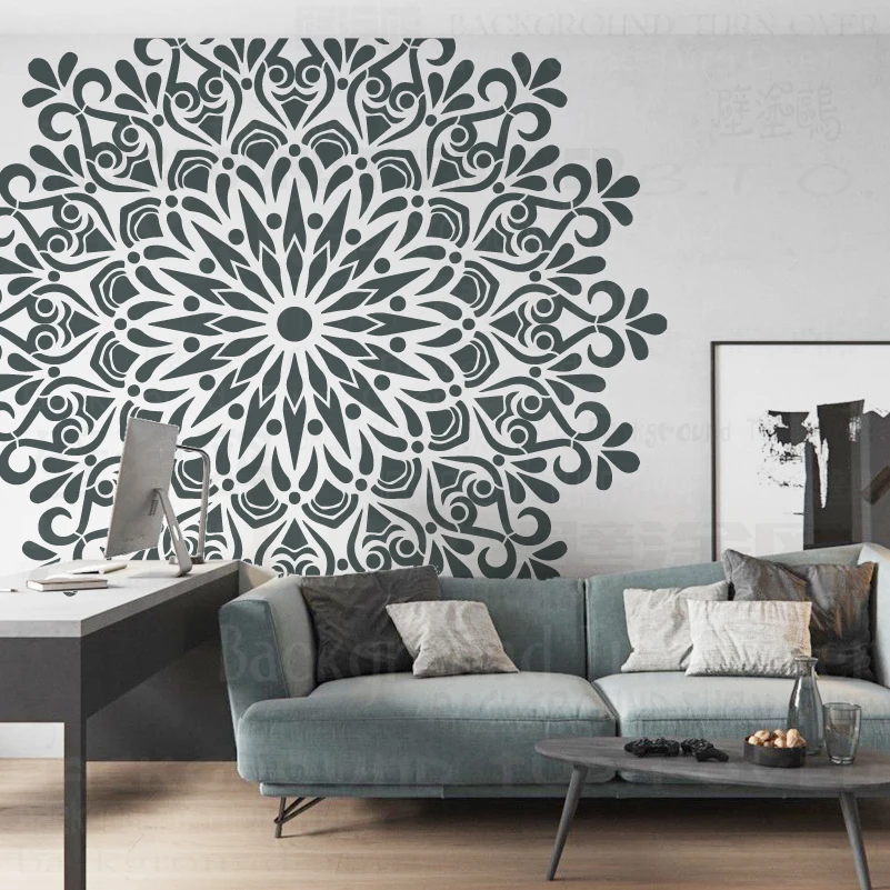 Decoração Estêncil para Pintura Molde de Gesso Grande Desenho de Rolos Enorme Mandala Gigante Flor Redonda Lótus S244 160cm 240cm
