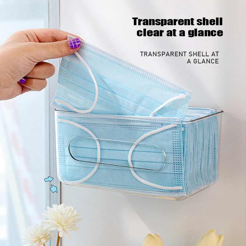 Transparent Storage Box Wall Mounted Tissue Box Large Capacity Disposable Mask Holder Free-punching for Home Office Entrance