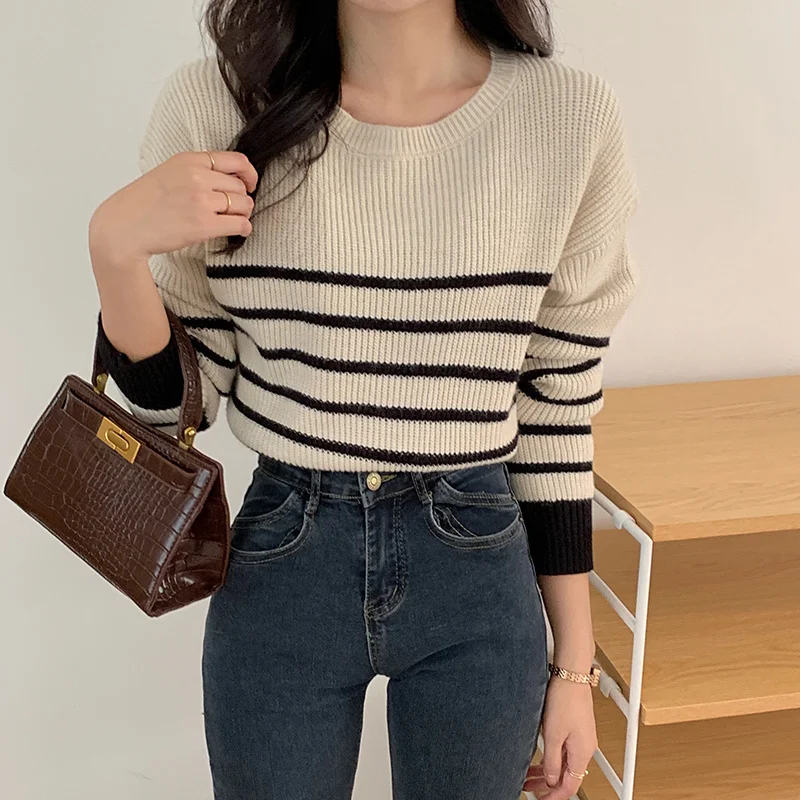 

Korean Stripe Knitted Pullover Sweaters 2022 Autumn Winter Split Long Sleeve Loose Sweater Crew Neck Casual Knitting Jumpers