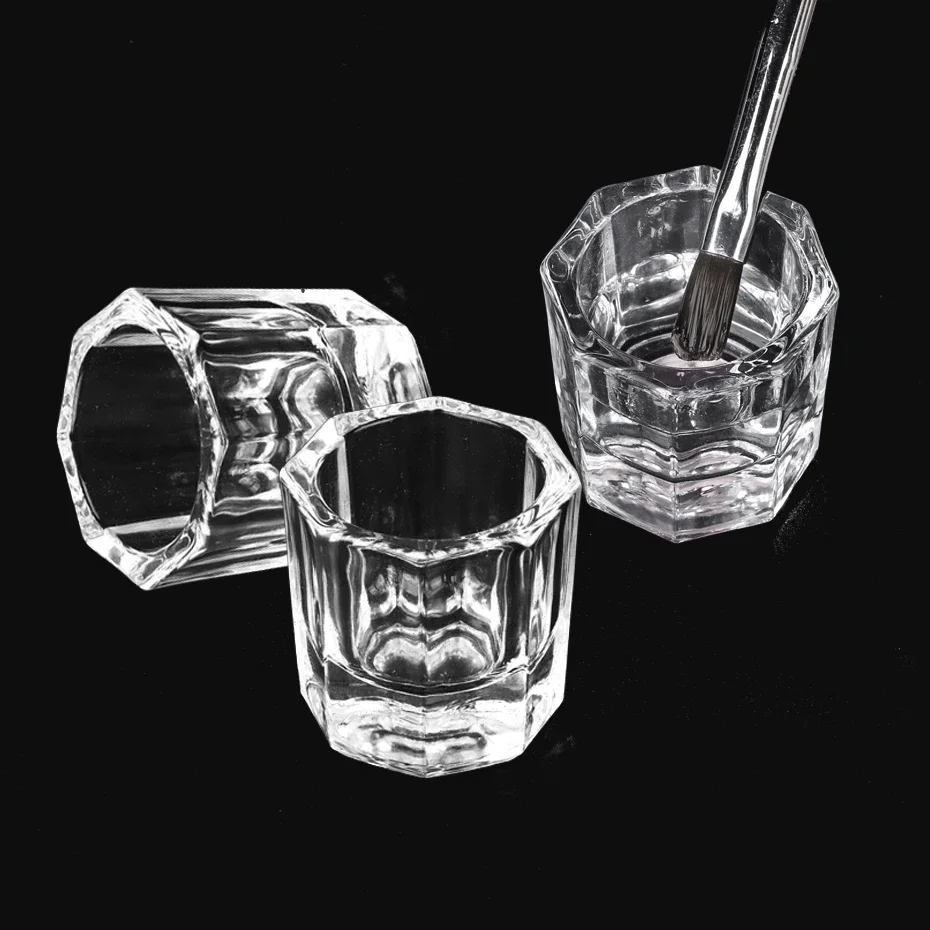 Mini Crystal Glass Acrylic Octagonal Powder Liquid Nail Cup Nail Brush Cleaning Tools Mixing Bowl