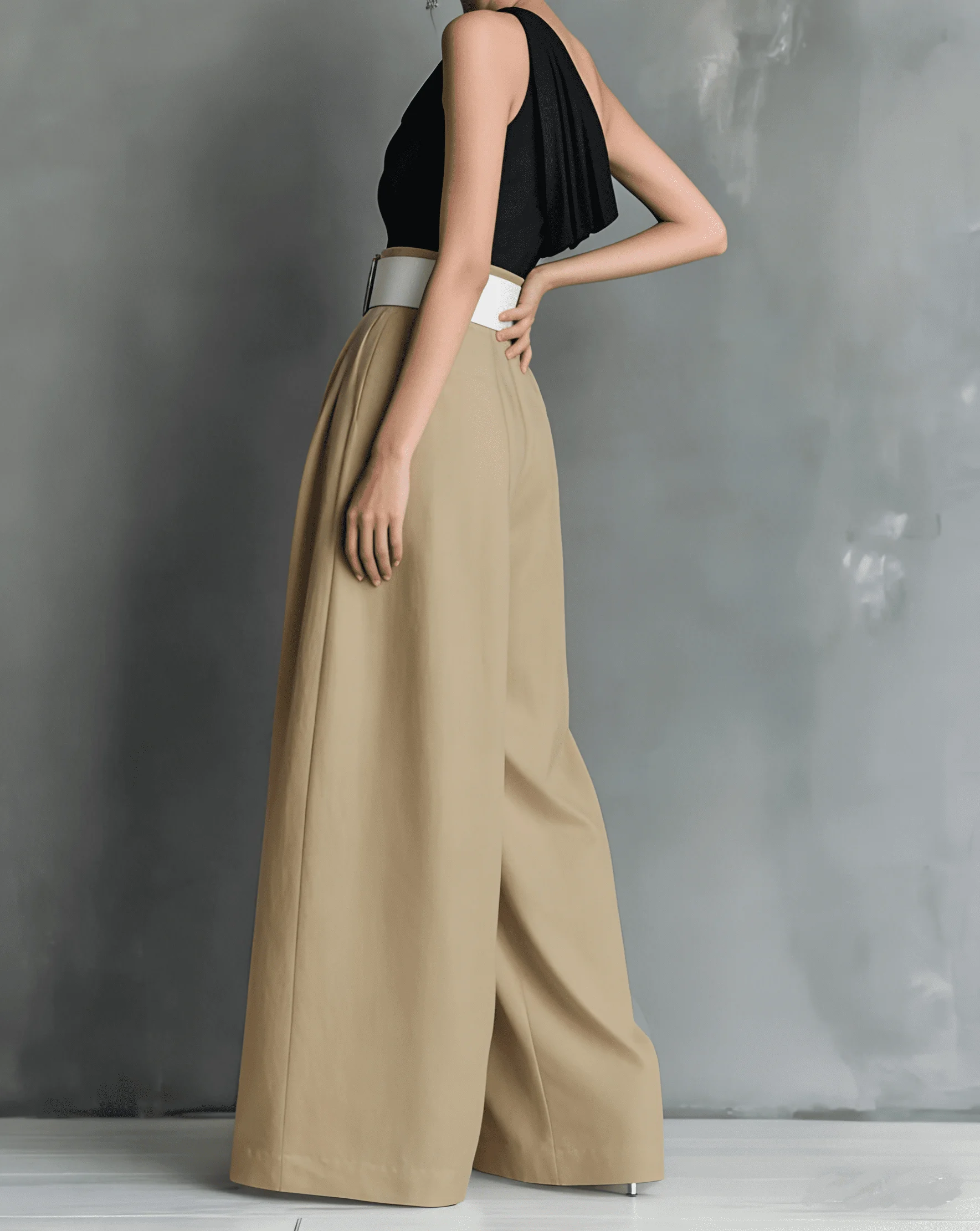 Damen High-Waist Weite Hosen mit Quadratischem Schnallenverschluss, Plissierte Lose Lange Hosen für Büro, Abend und Party – Detail 12