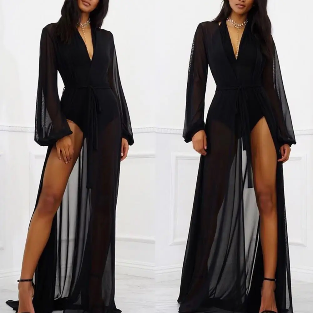 

Deep V Neck Long Cardigan Sun Protection Floor Length Sexy Lantern Sleeve Mesh Cardigan for Outdoor Summer Elegant Strap Dress