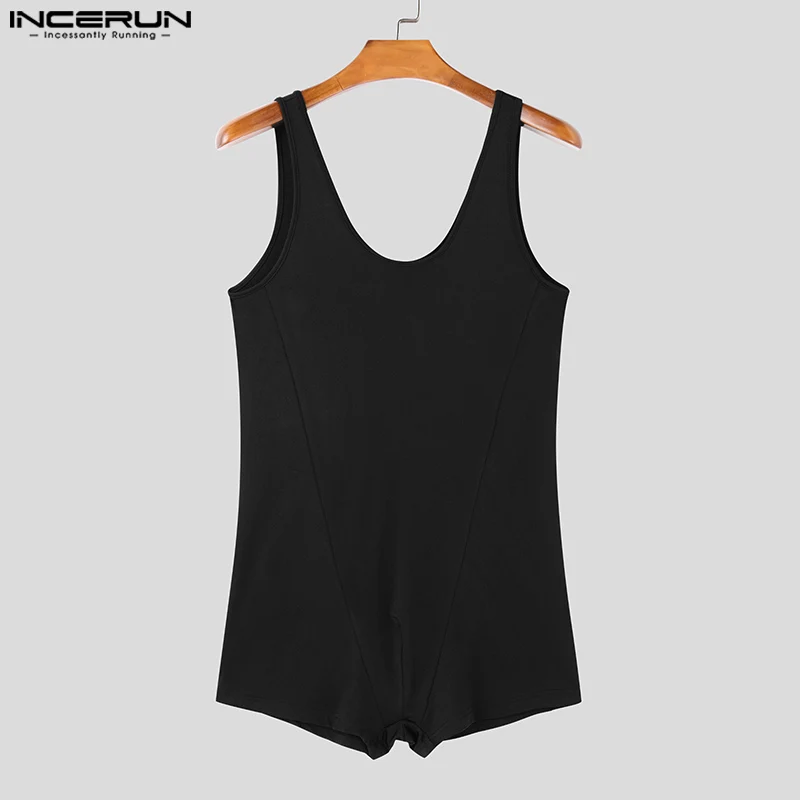 INCERUN Men Well Fitting Bodysuits Casual Solid Color Sleeveless Onesies Handsome Fashion Simple Comfortable Homewear S-3XL