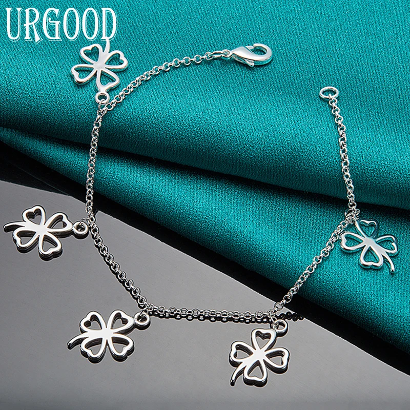 

925 Sterling Silver Four Leaf Clover Pendant Chain Bracelet For Women Men Party Engagement Wedding Fashion Jewelry