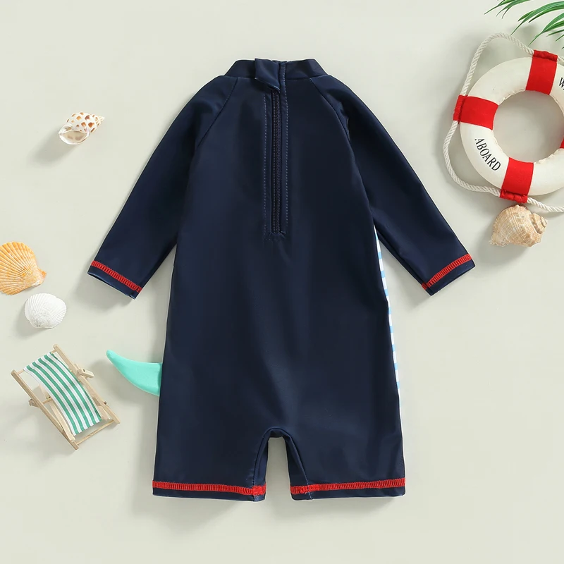 Kid Children Swimsuit 3/4 Sleeves Round Neck Cartoon Dinosaur Stripes Print Summer Beach Girls Boys