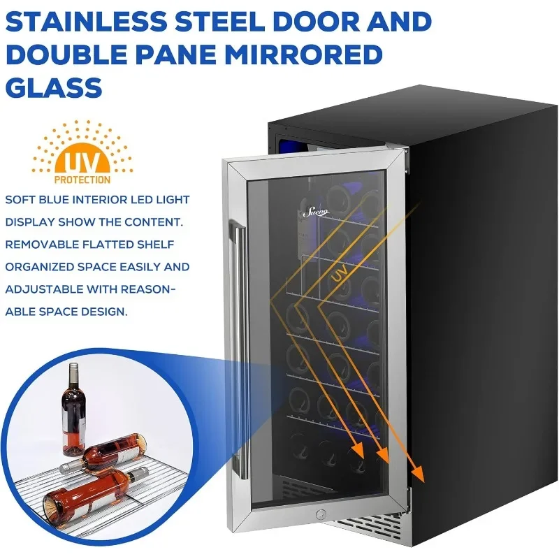 SUENO 15&ldquo; Built-In/Freestanding Wine Cooler Refrigerator 32 Bottles or 96 Cans Digital Touch Control Stainless Steel Mirror