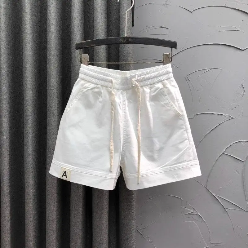 Korean Commute 2024 Summer Shorts Women's Fashion Solid Elastic Waist Drawstring Pocket Casual Loose A-line Denim Wide Leg Pants