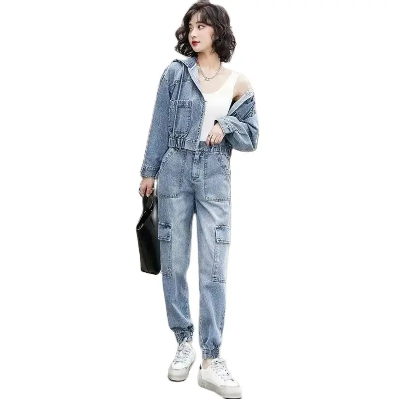 

Fashion Denim Jacket Suit Women Spring Autumn New Cowboy Coat+Beam leg Jeans Two Piece Set Ladies Casual Pants 2PCS
