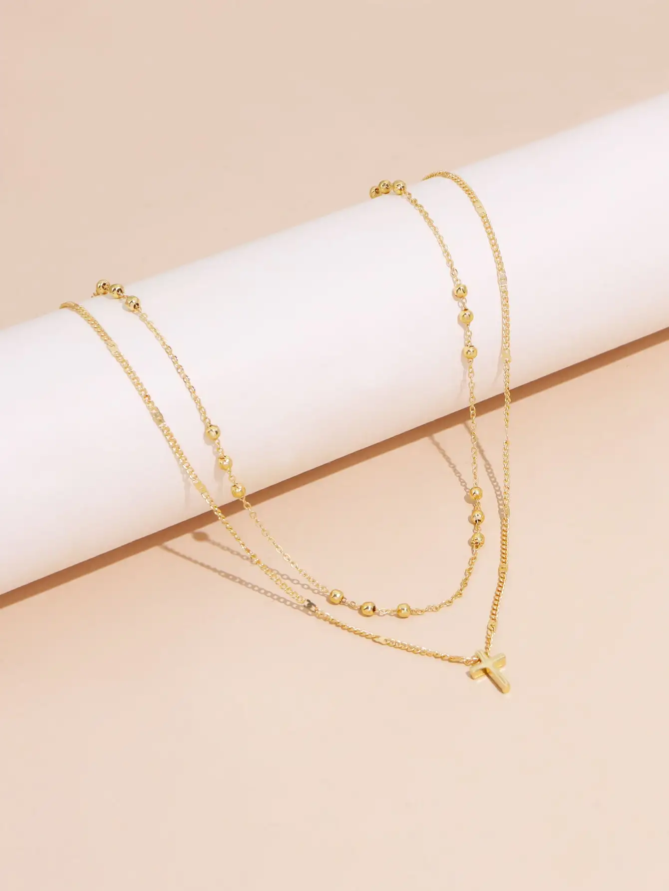 Vintage Cross Pendant Beads Chain Double Layer Necklace Ladies