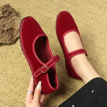 Velvet Mary Jane Shoes for Women Hand Stitch Casual Streetwear Ballet Flats Pumps Female Solid Color Red Cloth Shoes Loafers 1