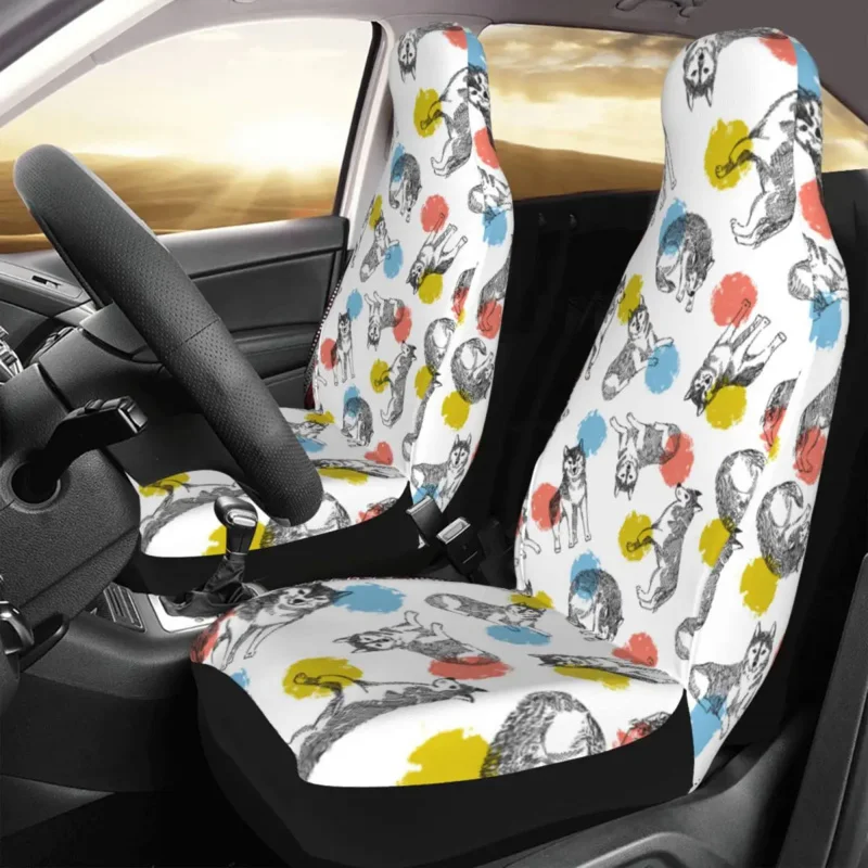 

Cute Husky And Colorful Circles Animal Cover Four Seasons Suitable For All Kinds Models Dog Seat Covers Car Styling