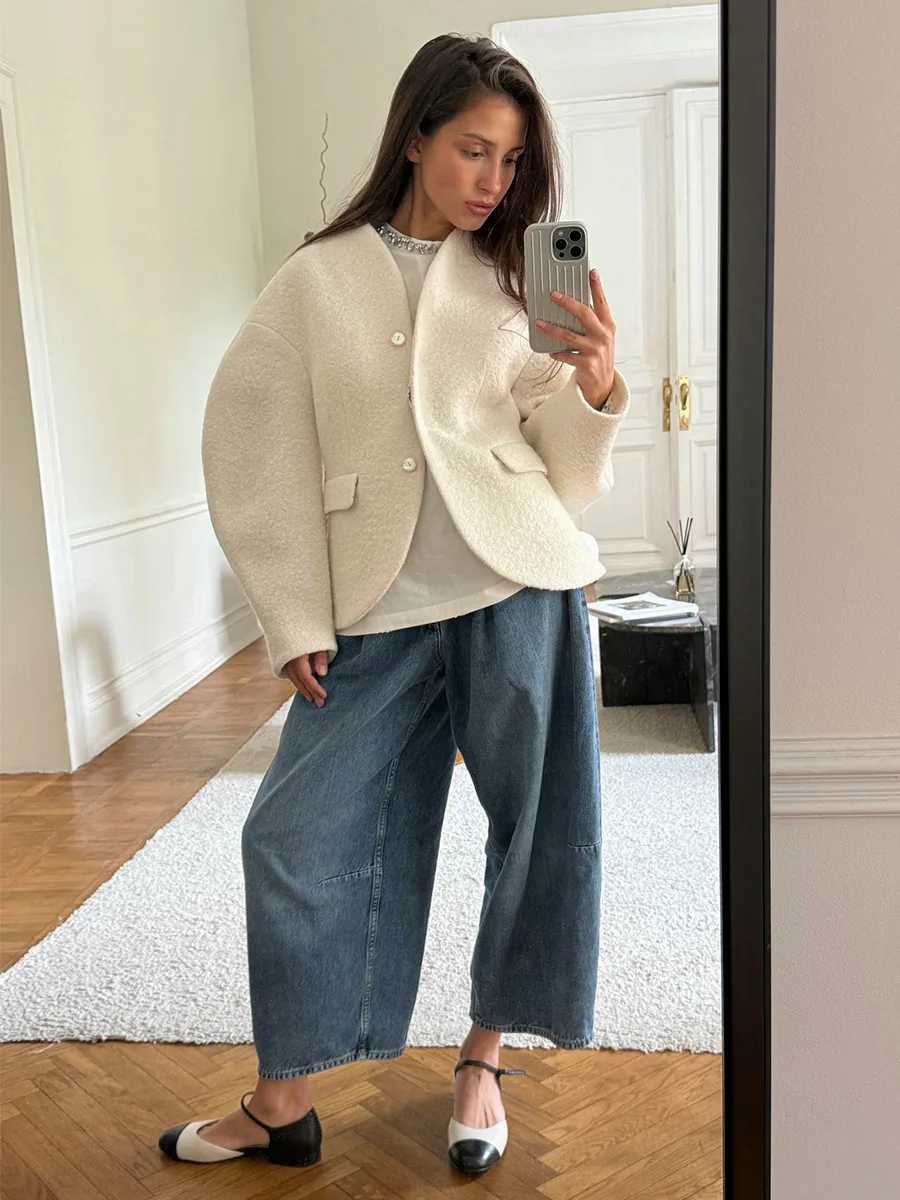 Bornladies Women's Trendy New Autumn Winter Single Breasted Jackets V - Neck Lamb Wool Jacket Warm Outer Garment Coats