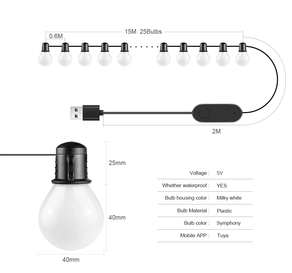 Description Picture 3 of itemUSB Smart WIFI+Bluetooth LED String Light 25/50 Bulbs Fairy Lights Room Outdoor Wedding New Year Christmas Decor LED Garland
