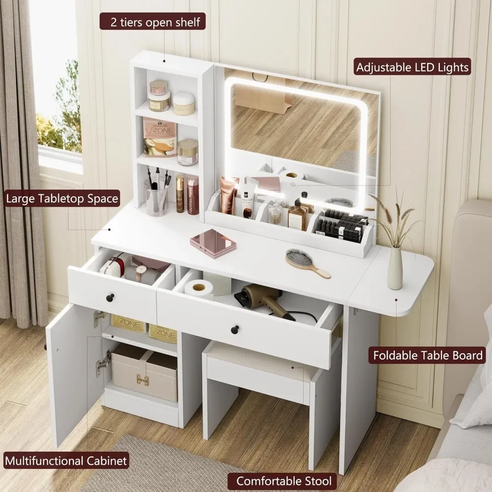 Makeup Vanity Desk with Mirror and Lights, Vanity Desk Set with Outlet & Drawers & Open Shelf Storage Cabinet, Table