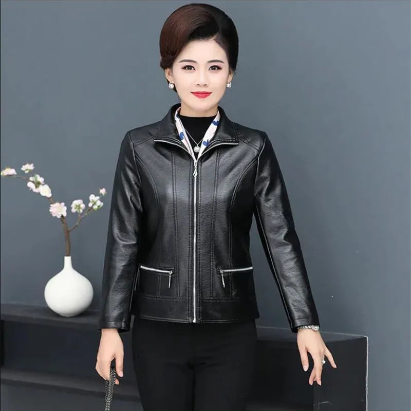 Fashion Elderly Women\'s Leather Clothes 6XL Big Size Women\'s PU Pi Jacket New Spring Autumn Casual Jackets Female Outerwear Tops