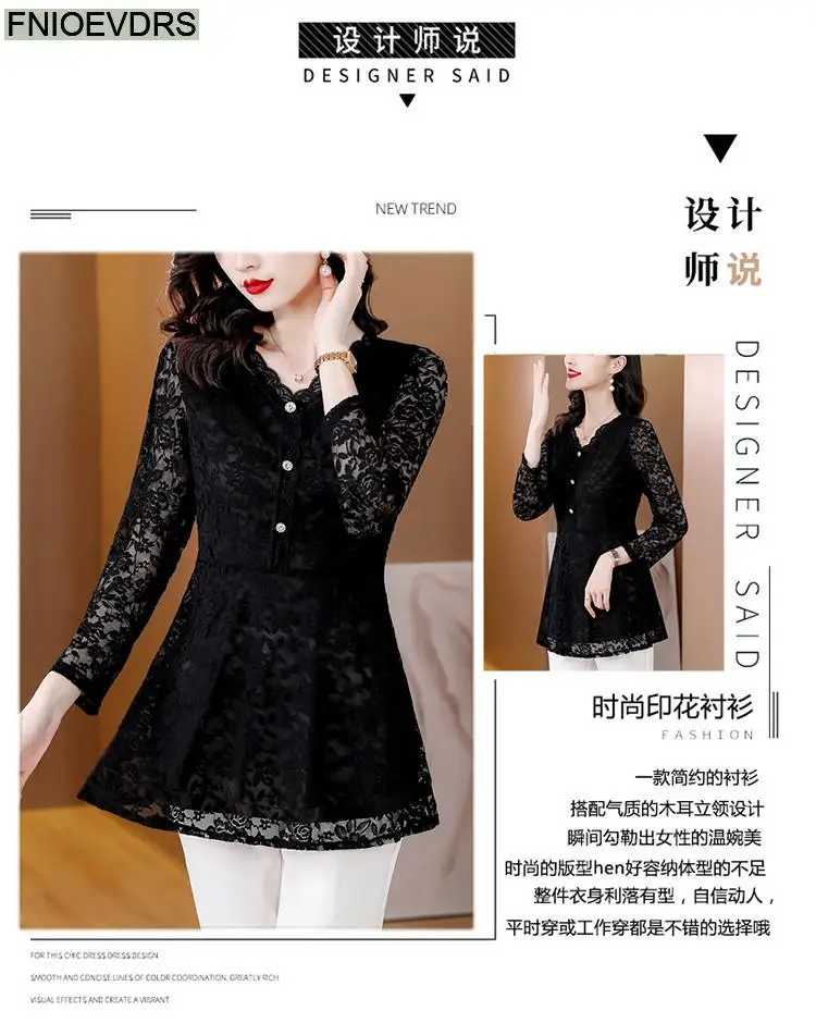 M-5XL 2023 Women Winter Spring Basic Black Lace Shirts Elegant Office Lady Loose Casual Ruffles Tunic Peplum Tops And Blouses