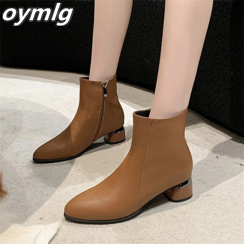 2023 Autumn/Winter New Ma Zhong Coarse Heel Short Boots Zipper Frosted Short Sleeve Women's Boots Pointed Single Boot