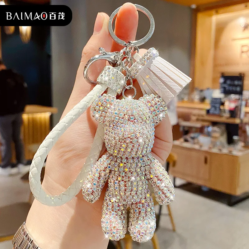 Rhinestone Cute Bear Key Chain Tassels Keychain Anti-lost Pendant Holiday  Car Key Ring Chain Holder Keyfob Jewelry For Girl Gift