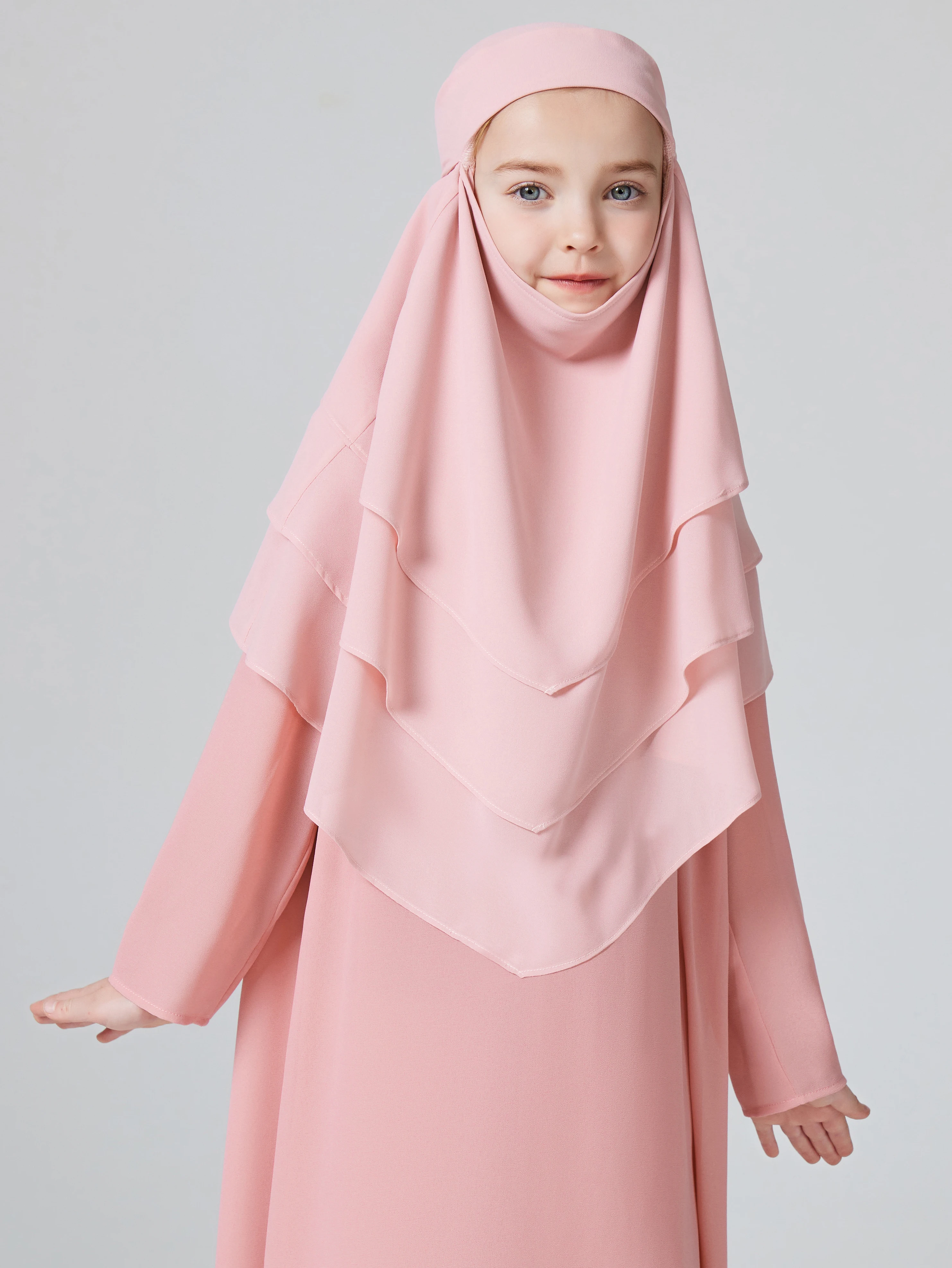 Muslism Ramadan kids khimar Girls Solid Layered Chiffon Hijab For Islam Party Pray Outdoor