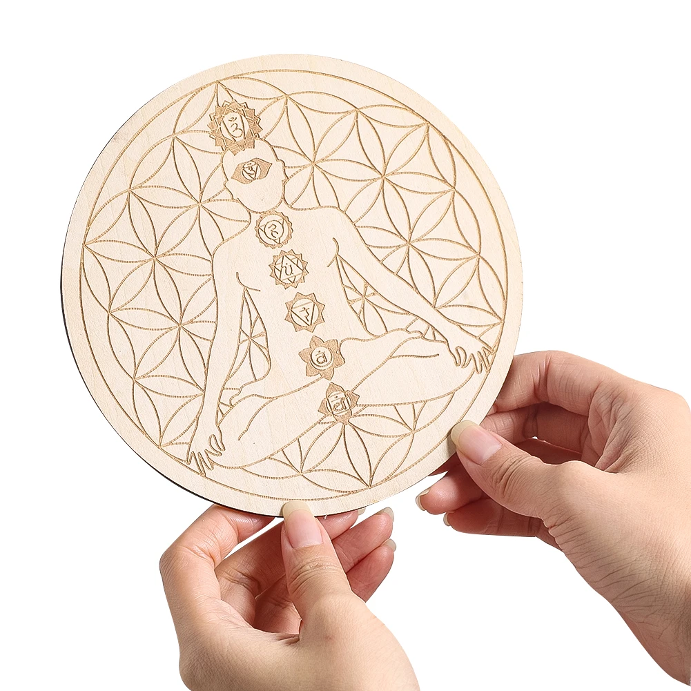15 cm Lasergravur 7 Chakra Meditation Patanjali Yoga Energie Blume des Lebens Holz Runder Untersetzer Tassenmatten Wicca Wahrsagerei Requisite – Detail 1