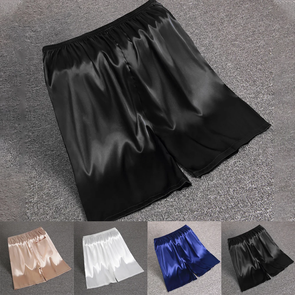 

Silk Satin Pajamas Shorts Mens Elastic Waist Nightwear Pocket Pants Sleep Bottoms Artificial Silk Pajamas Home Shorts L-3XL