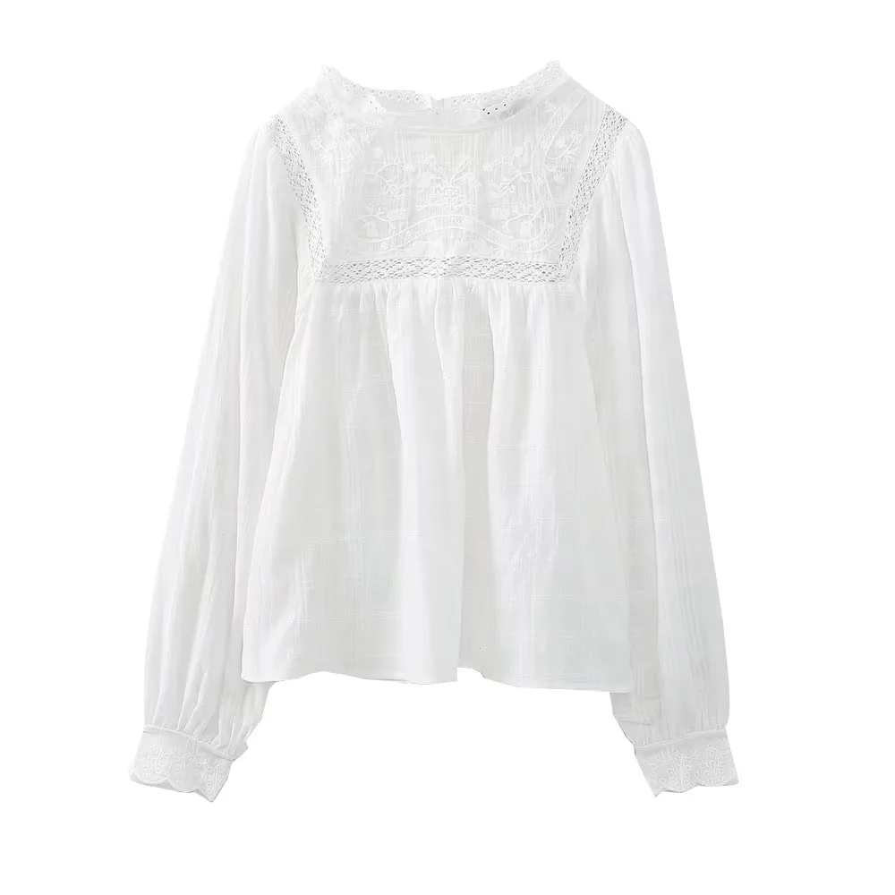 

Women Fashion Flower Embroidery Lace Stitching White Smock Blouse Femme Long Sleeve Casual Shirt Blusas Chic Tops