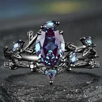 Delicate Women Rings Black Color Round Blue Stone Flower Rings Party Accessories Gift 1