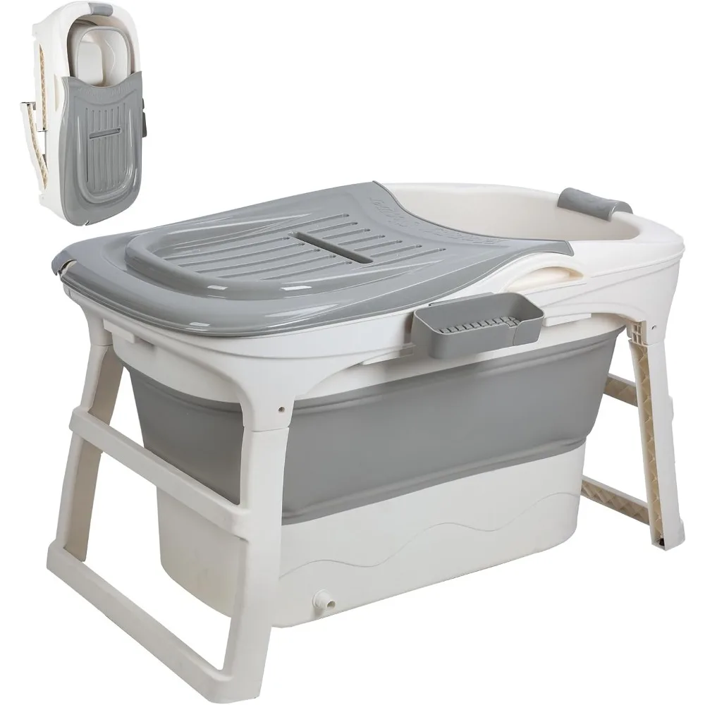 Adult Folding Bathtub Collapsible Portable Tub Small Foldable Tub with Thermal Cover & Massage Roller, Large Freestanding Surrou