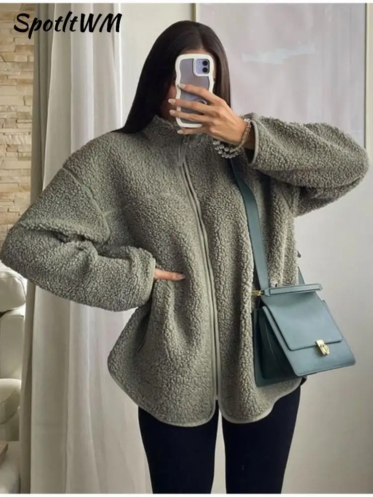 

Women Warm Thicken Solid Coat Ladies Loose Stand Collar Long Sleeve Zipper Jackets Female Fashion Elegant Commute Outerwear