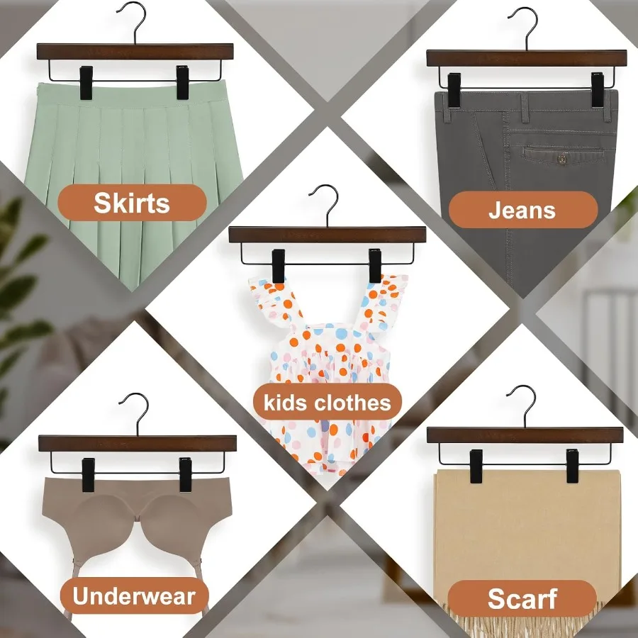 Wooden Pants Hangers with 2 Adjustable Metal Clips for Skirts and Trouser Storage Premium Retro Finish with 360 Swivel Black Ho