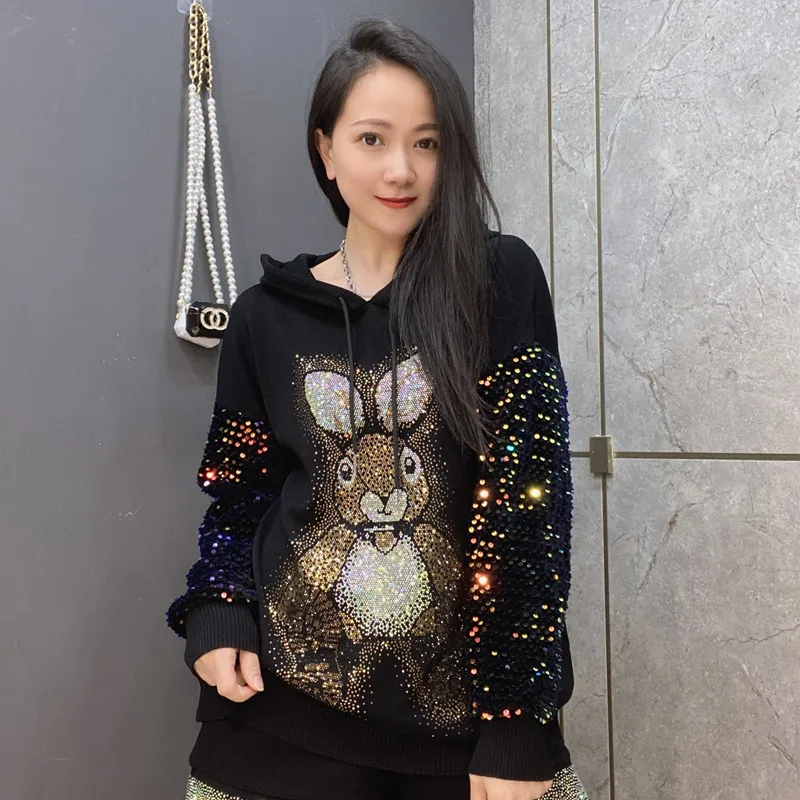 Paillette Sleeve Cartoon Sequins Sweater Spring Autumn Knitted Tops Stretchy Hooded Jumper