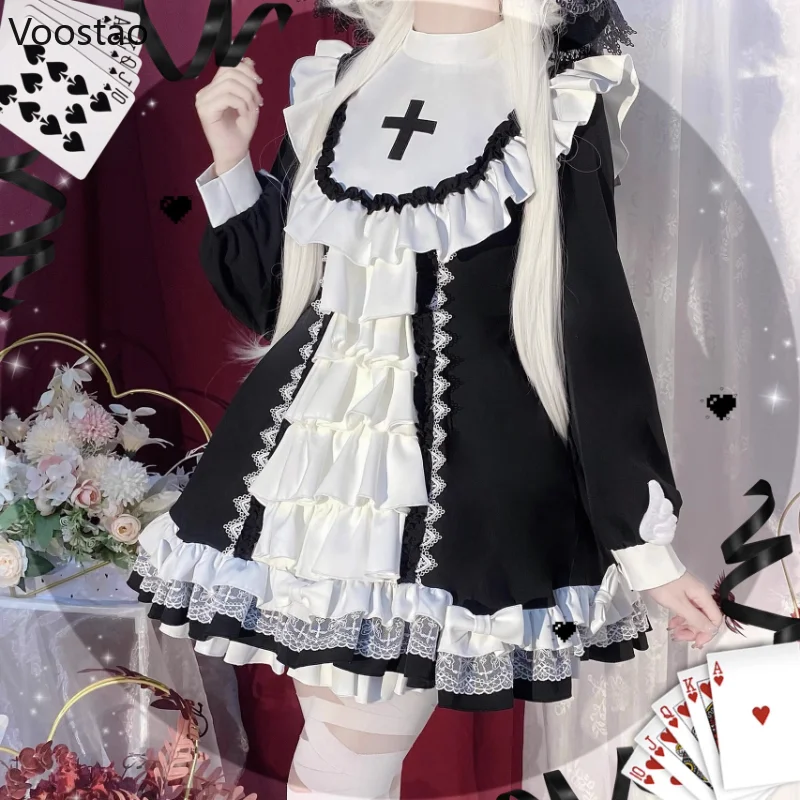 Lolita Cosplay Costumes Japanese Gothic Lolita OP Dress Women Victorian Cross Embroidery Ruffles Cosplay Witch Maid Dresses Girls Sweet Party Dress