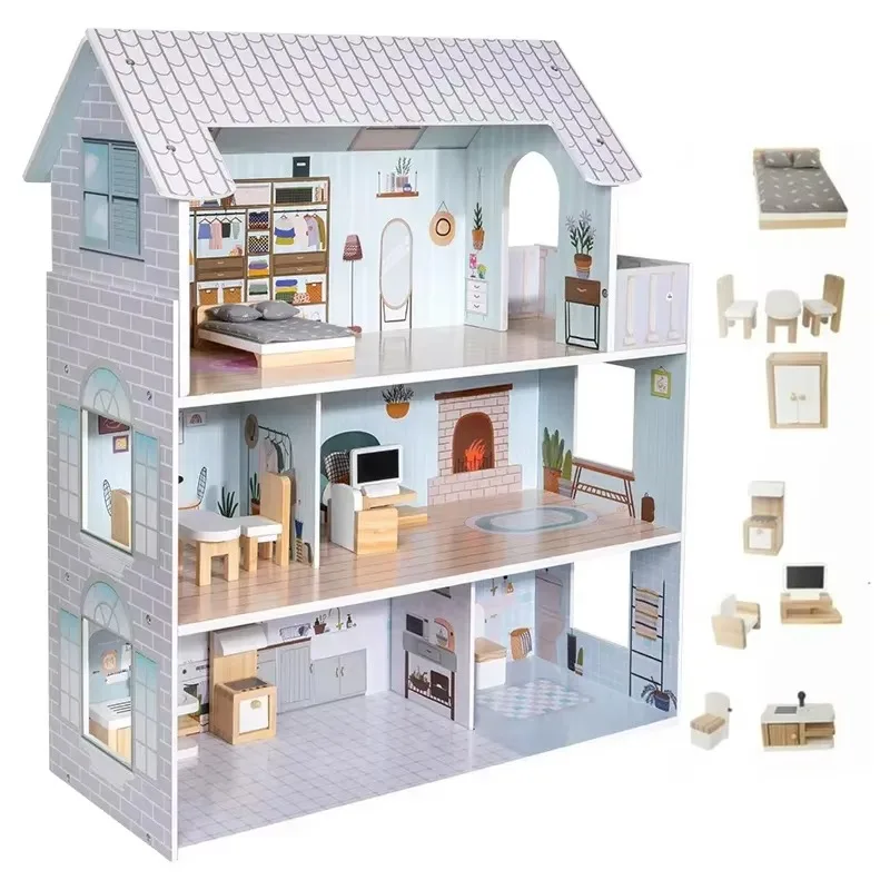 Wooden Three-story Villa Doll House Ins Nordic Simulation Big House Boys and Girls Birthday Gift Toys