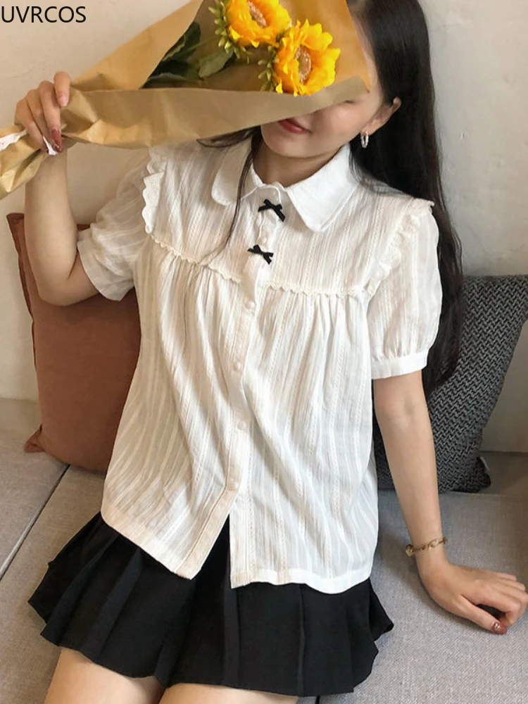 Kawaii White Lolita Lace Blouse Women Gothic Preppy Style Vintage Peter Pan Collar Short Sleeve Shirt Girl Summer Cute Top Mujer