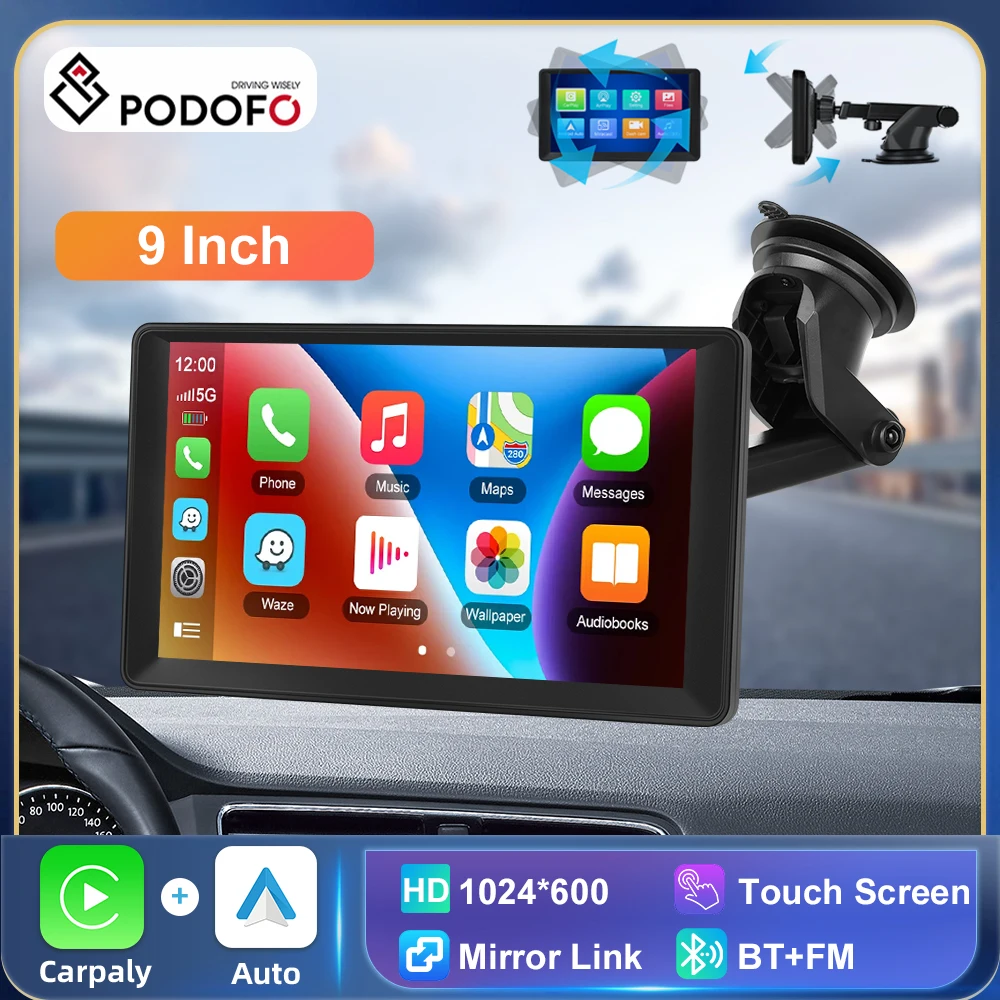 

Podofo 9 ”Carplay монитор портативный умный плеер беспроводной Carplay Android auto Airplay панель монитора Cast DVR BT/FM/AUX