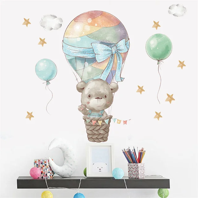 Rajzfilm Medve Hőlégballon Háttérkép Aranyos Lány Táncfal Matrica Csecsemő Óvoda Dekorációs Csillagok És Felhők - Image 4