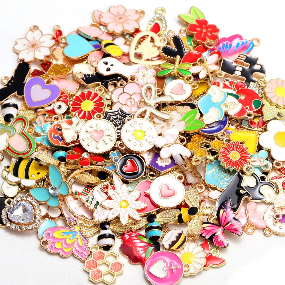 Random Mixed 20Pcs Enamel Charms Cute Flowers Plant Bee