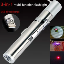

Mini USB Rechargeable 3in1 LED Flashlight Powerful LED Torch Waterproof Design Penlight UV Light Banknote /Laser Pointer Light