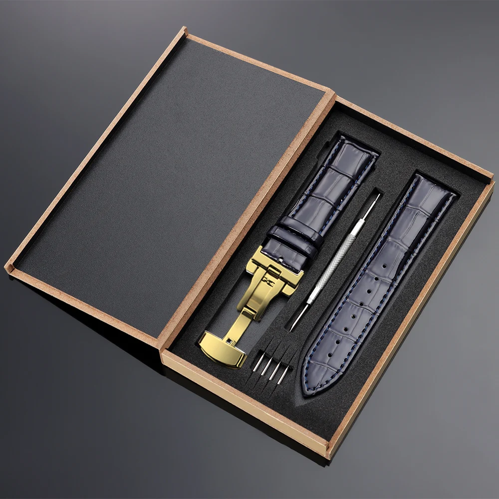 Vintage Leather Watch Band with Wooden Box and Butterfly Clasp